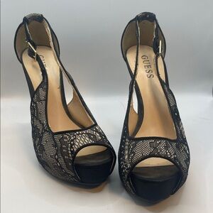 Guess Black Lace Tan Peek-A-Boo Open Toe Heels